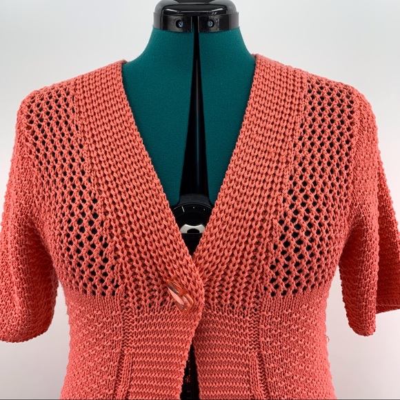 Today's Designer Salmon Pink Single Button Short Sleeve Knit Cardigan, Medium - Picture 4 of 16